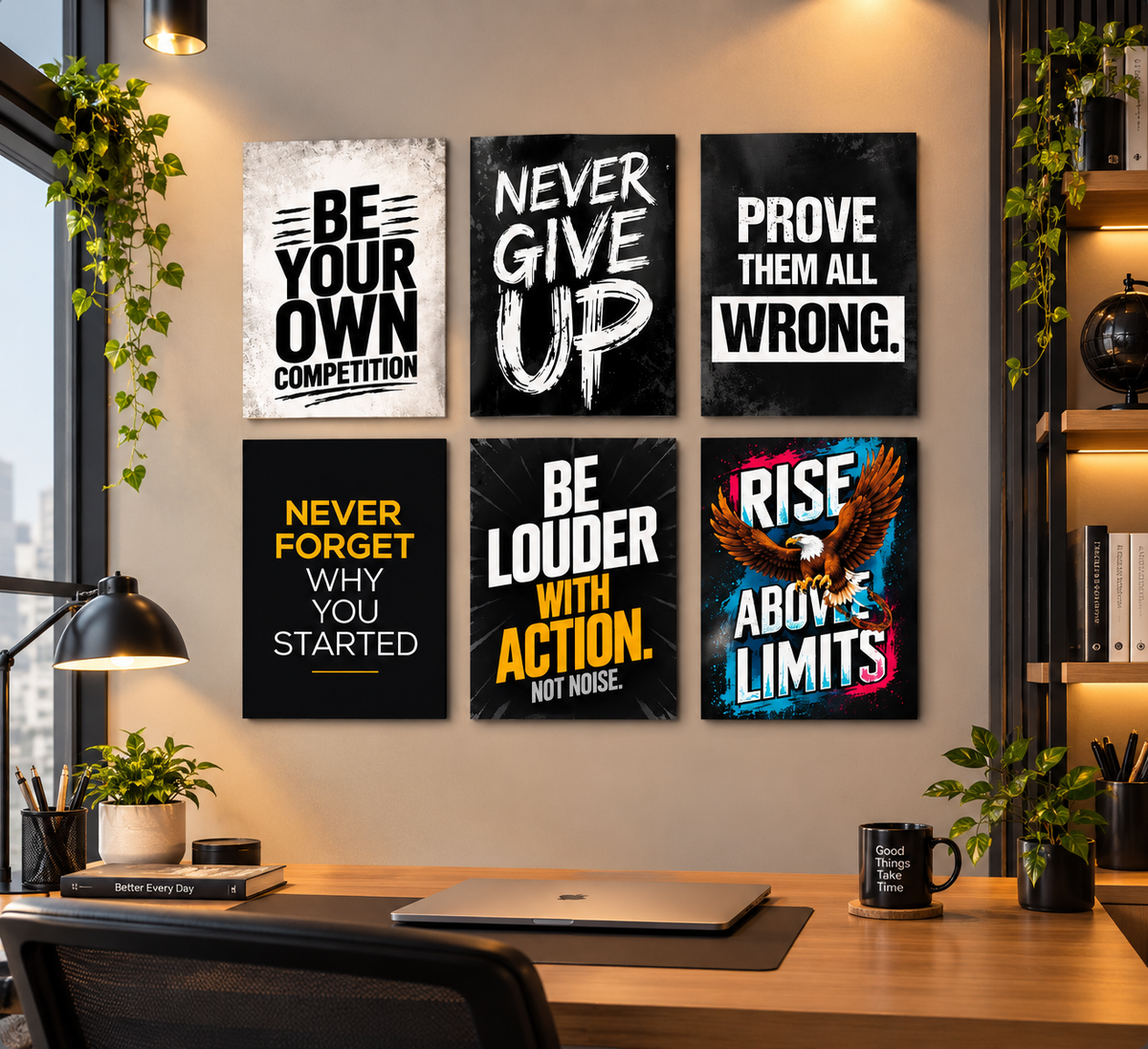 6 Pcs Motivational Wall Art Set – Be Your Own Competition & Rise Above Limits