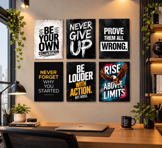 6 Pcs Motivational Wall Art Set – Be Your Own Competition & Rise Above Limits