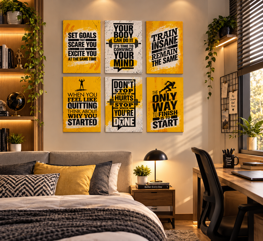 6 Pcs Yellow Gym Motivational Wall Art Set – Train Insane & Set Goals