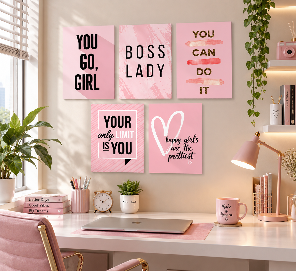5 Pcs Girls Room Motivational Wall Art Photo Tiles – Boss Lady & You Go Girl