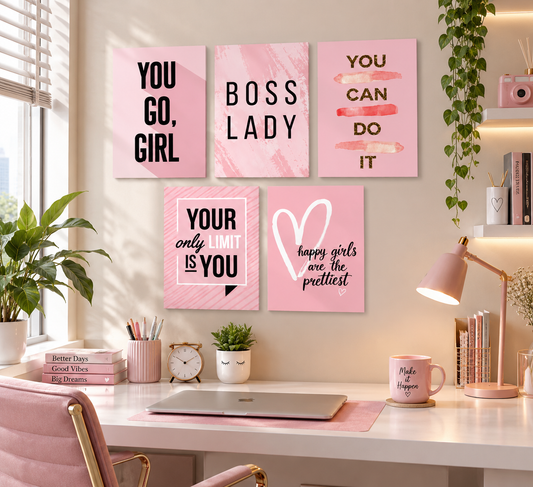 5 Pcs Girls Room Motivational Wall Art Photo Tiles – Boss Lady & You Go Girl